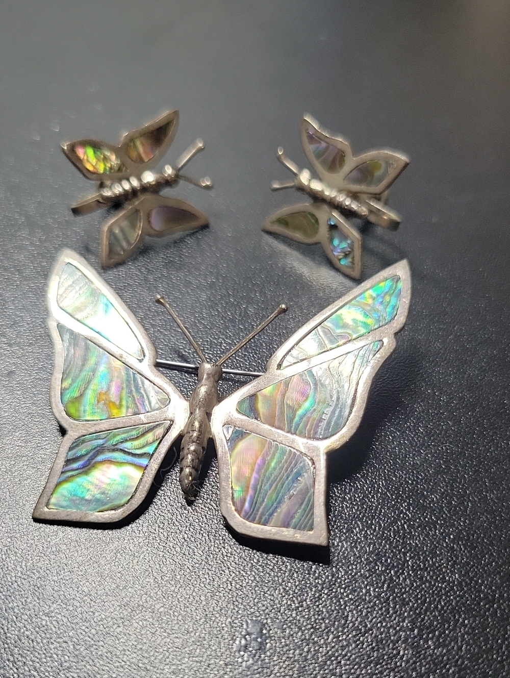Butterfly Brooch and Earrings Set with Iridescent Abalone Inlay